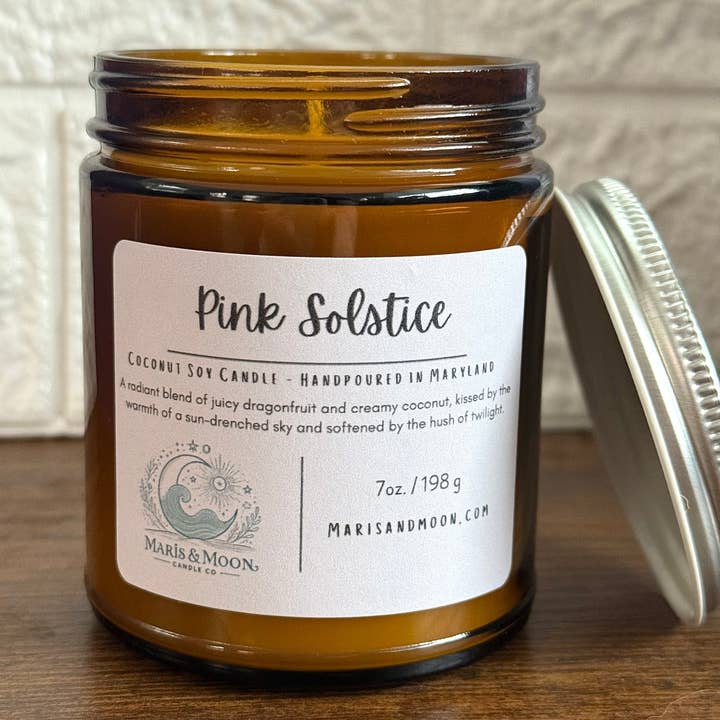 Pink Solstice 7oz candle amber glass calming crystal infused for wholesale by Maris & Moon Candle Co.