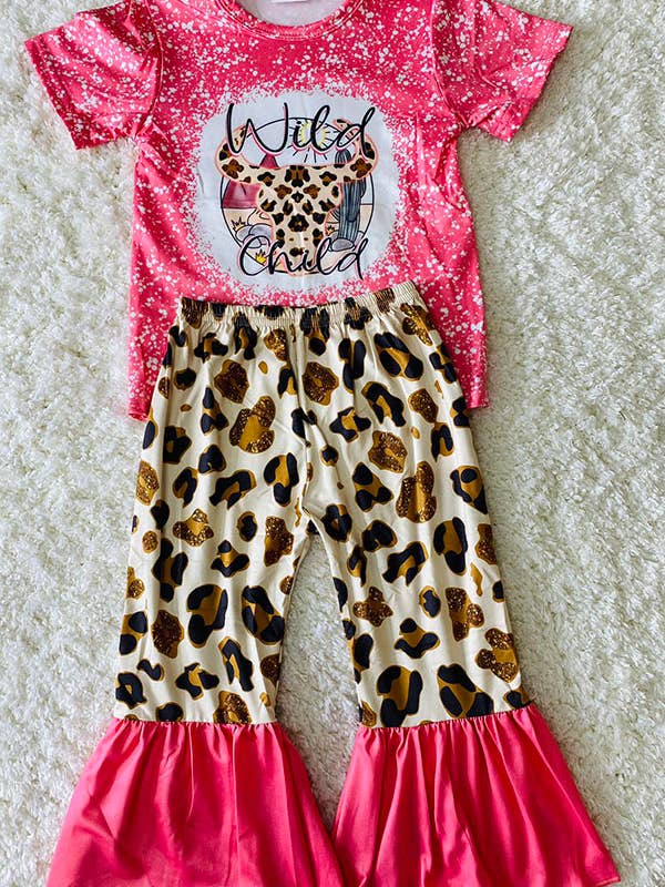 "WILD CHILD" pink & leopard bull skull 2pc set 12172MZ for wholesale by luluclothes
