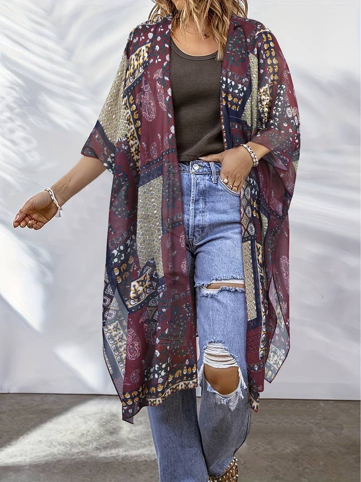 SWIMFA - Wholesale Kimono - Women's - Women'S Boho Chic Open Front Kimono Cardigan - Vibrant Mandala Pattern, Lightweight Polyester, Sleeveless Travel Dress for Spring/Summer/Fall, Beach Coverup, Kimono Style Cardigan