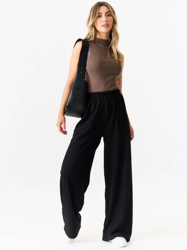 Black Textured Elastic Waist Pull On Trousers for wholesale by GINI LONDON