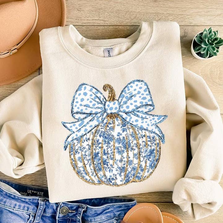 Coquette Gold Glitter Pumpkin Chinoiserie Sweatshirt, Fall T for wholesale by NVC Ecommerce LLC
