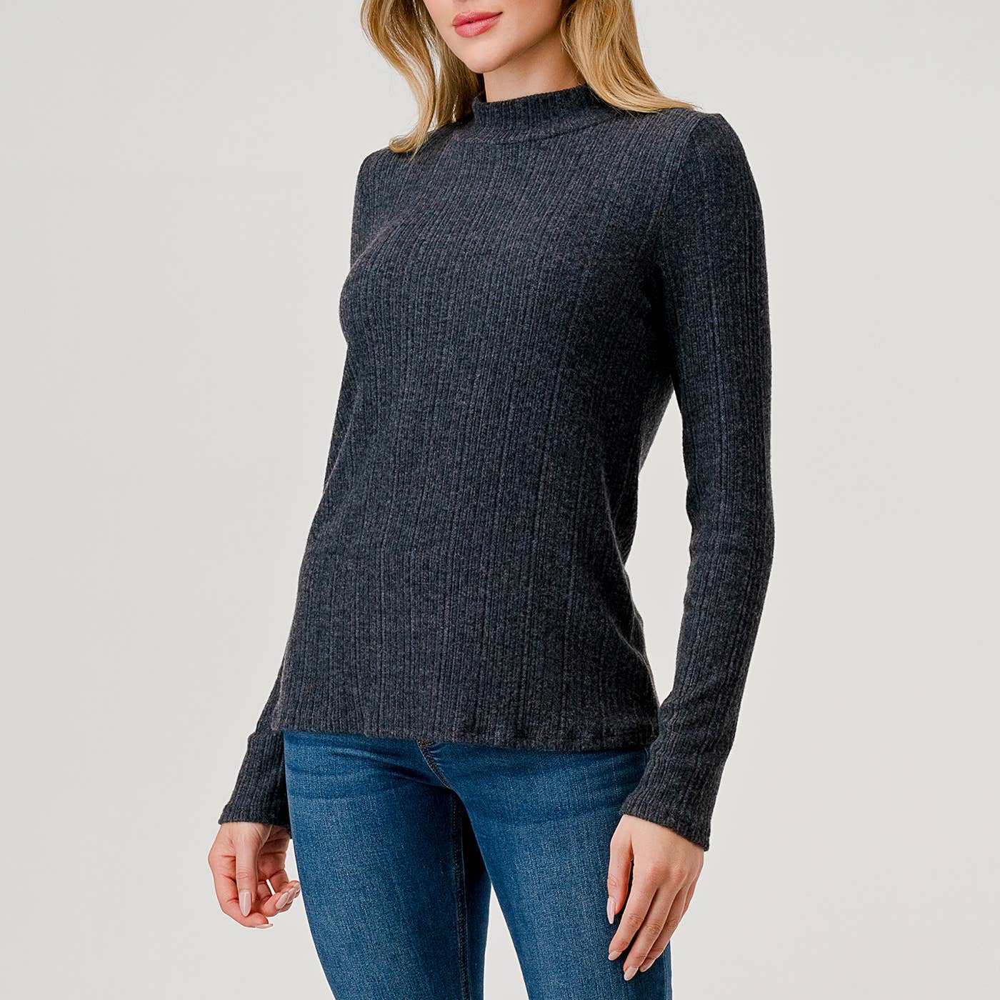 Heimious - Vente Haut en maille – femme - Haut en tricot côtelé brossé à manches longues et col montant, coupe décontractée, T7643