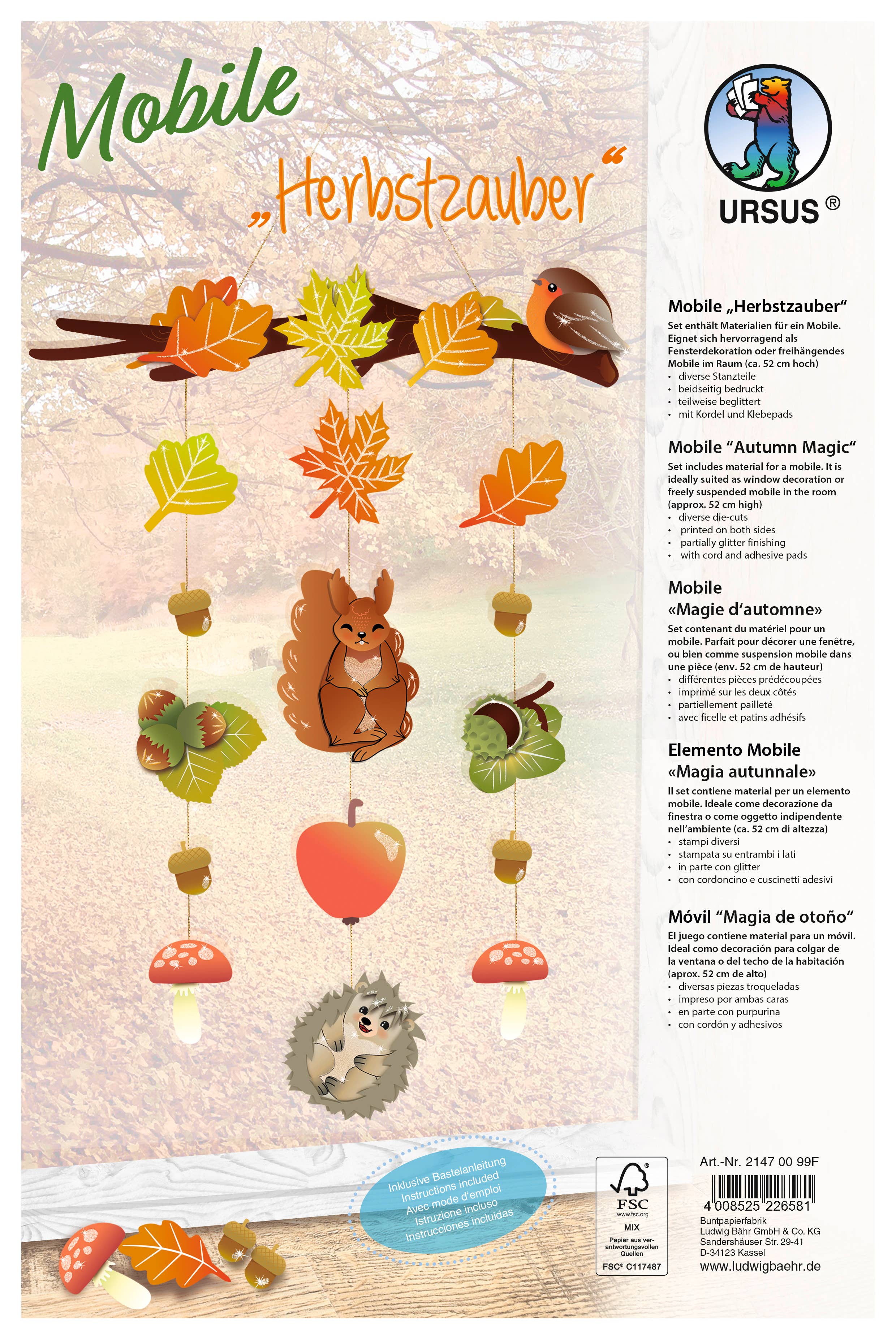 URSUS® / Buntpapierfabrik Ludwig Bähr GmbH & Co. KG – Engroshandel DIY-hobbysæt – Mobile 'Efterårsmagi' – komplet sæt til ophæng på ca. 52 cm0