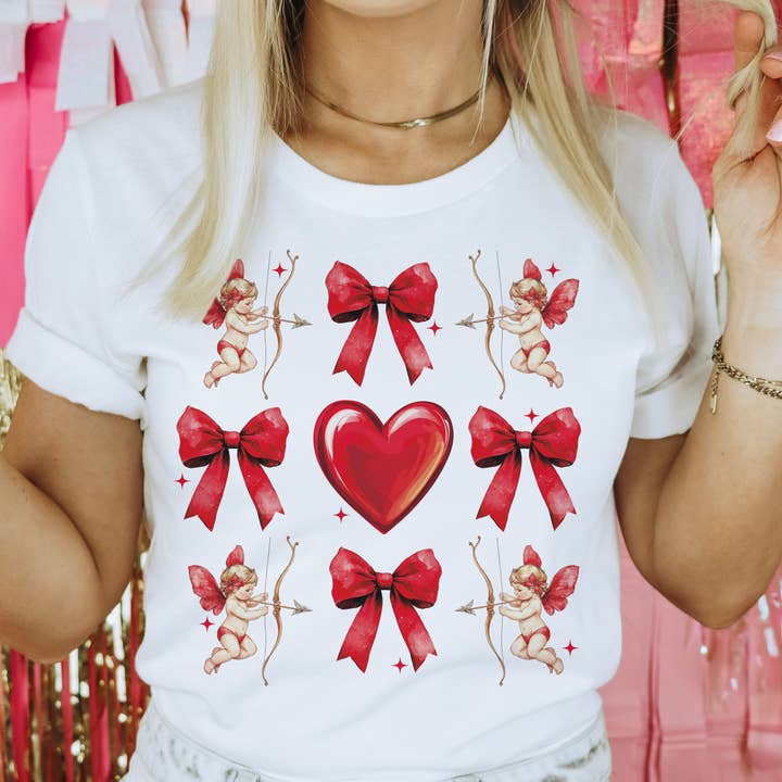 Retro Cupid Valentine Collage Hearts and Cupid Graphic Tee for wholesale by Par.tees by Party On!