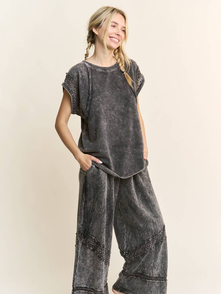 J.Her - Wholesale Pants - Women's - MineralWash Wide leg Pants with Boho Trims HP5716.