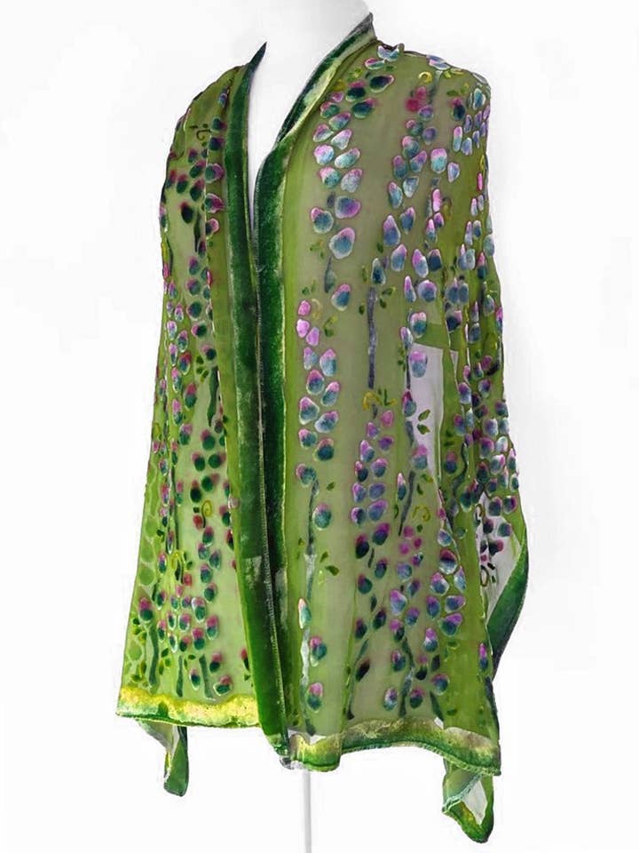 Green Velvet Burnout Scarf/Shawl with Willow branches Pattern for wholesale by Sherit Levin Textiles