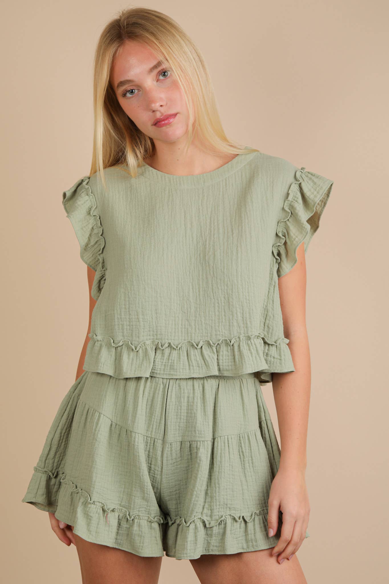 VERY J - Wholesale Top & Short Set (NOT Loungewear) - Women's - NT12150SET-Ruffled Solid Woven Top & Shorts Set7