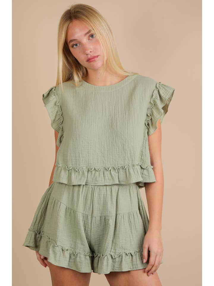 VERY J - Wholesale Top & Short Set (NOT Loungewear) - Women's - NT12150SET-Ruffled Solid Woven Top & Shorts Set7