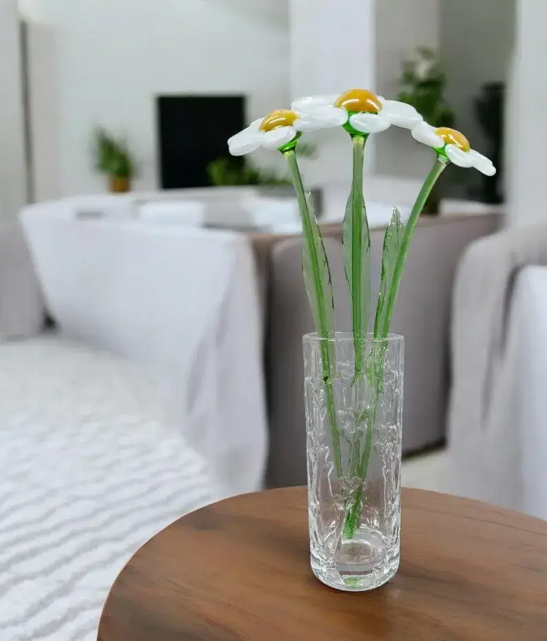 Glass by Iness - Wholesale Artificial Flowers - White Glass Daisy - Handcrafted Long Stem Flower3