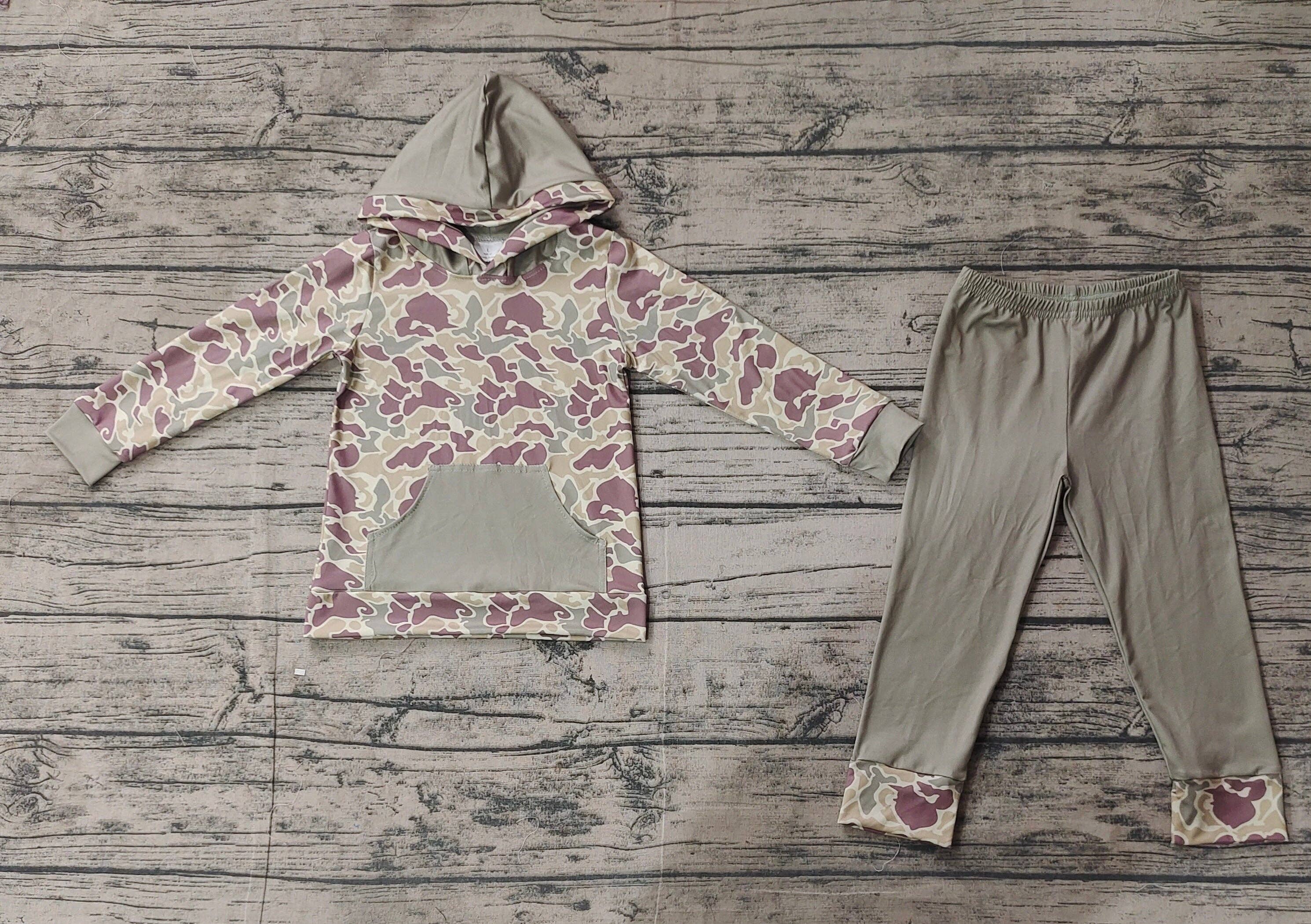 Aier Wholesale - Wholesale Top & Pant Set - Kids - Baby Boys Green Camo Hooded Top Pants Clothes Sets1