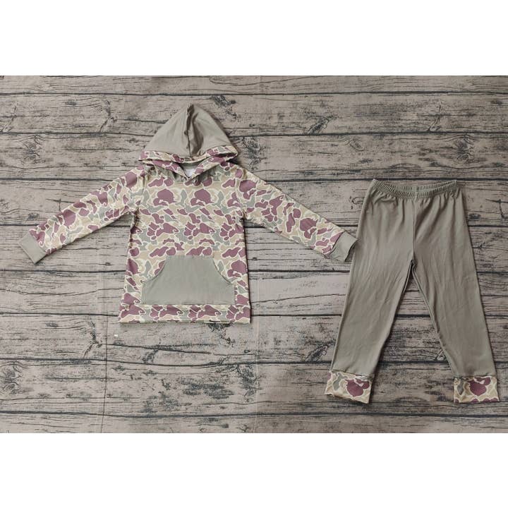 Aier Wholesale - Wholesale Top & Pant Set - Kids - Baby Boys Green Camo Hooded Top Pants Clothes Sets1