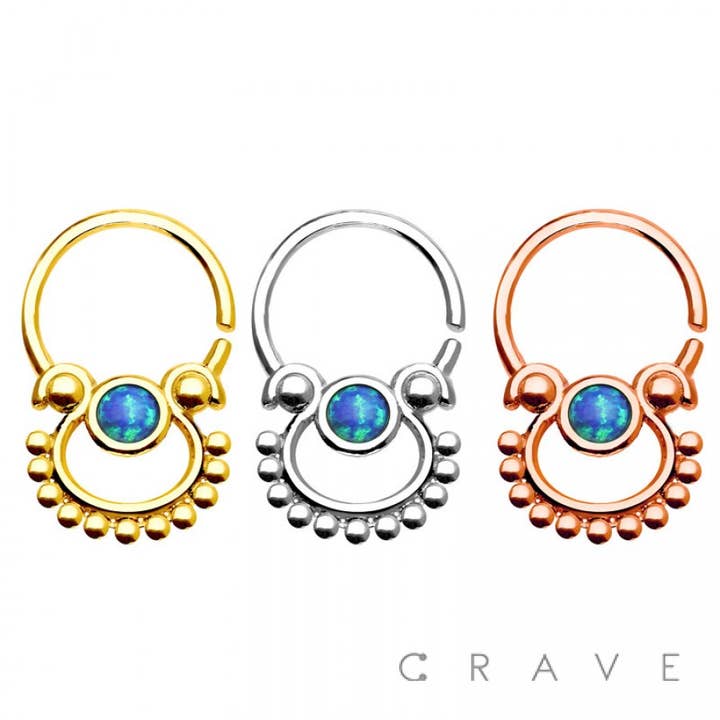 ANNEAU DE SEPTUM TRIBAL DOUBLE ASPECT CENTRÉ OPALE 100 % ACIER INOXYDABLE pour la vente par CRAVE