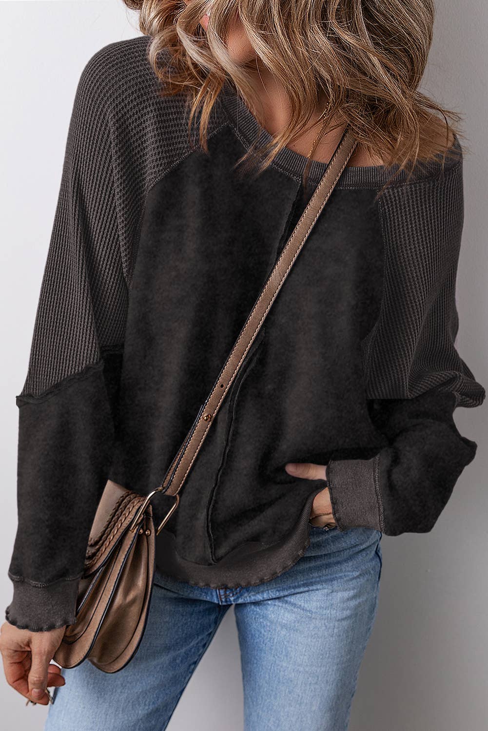 Aapparella - Wholesale Sweatshirt - Women's - Waffle Knit * Patchwork Long Sleeve Sweatshirt | S-2XL8