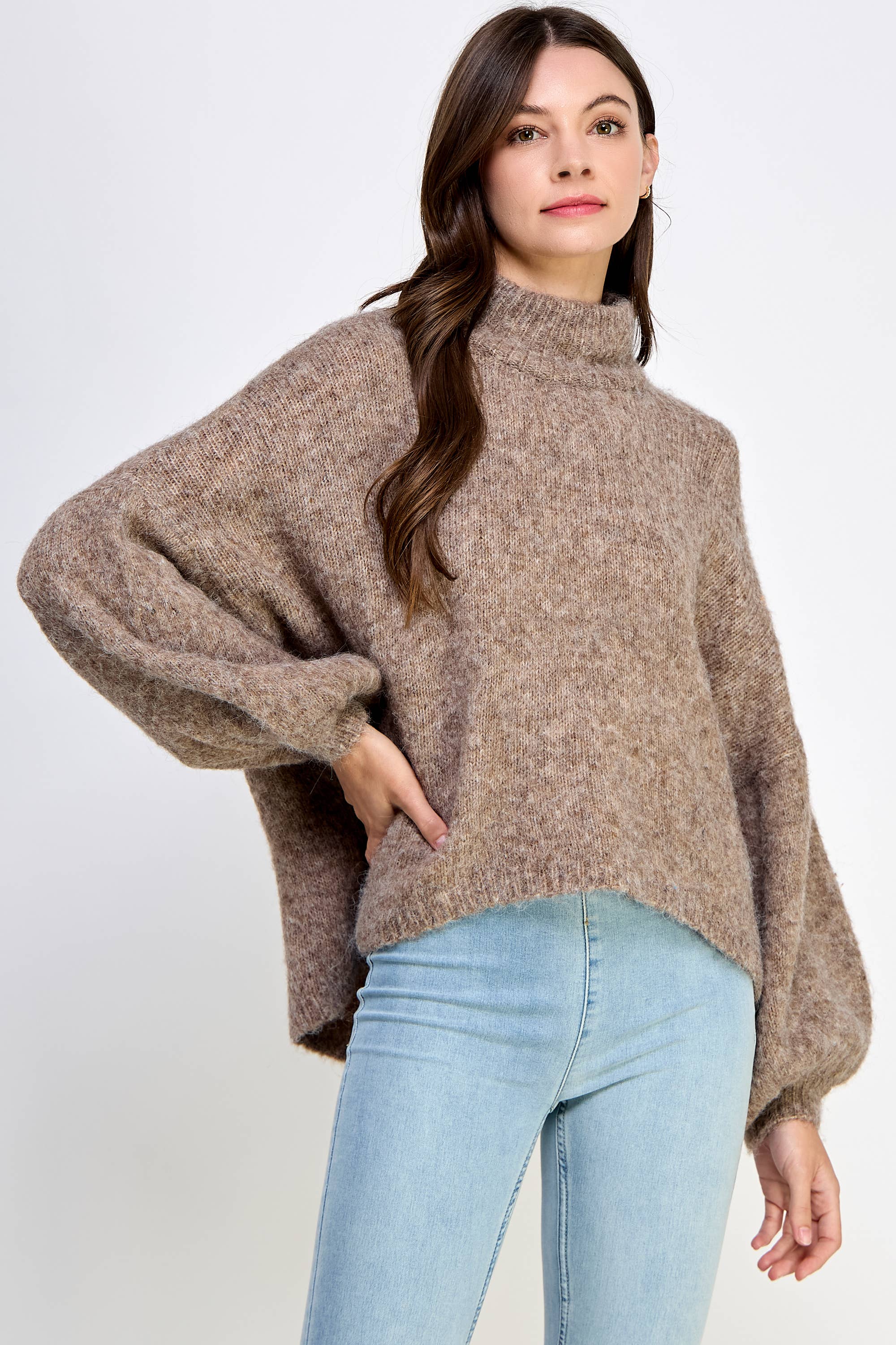 Million Colors - Wholesale Knit Sweater - Women's - Eloise Sweater Mock Neck High Low Hem Balloon Sleeves4