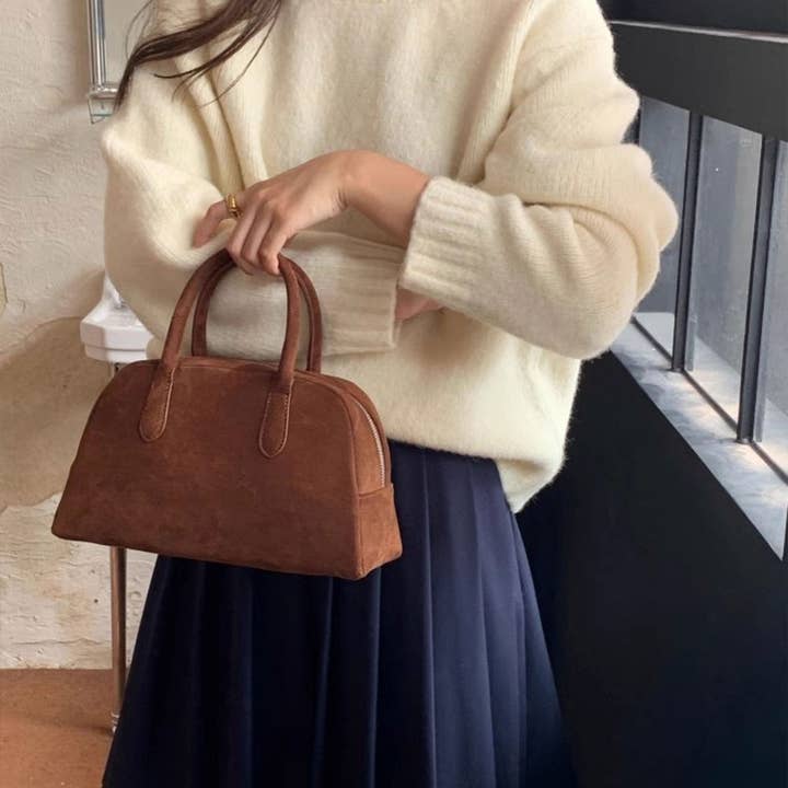 FASHION SIMPLE BROWN SUEDE BOSTON BAG HANDBAG_CWAB4114 for wholesale on Faire