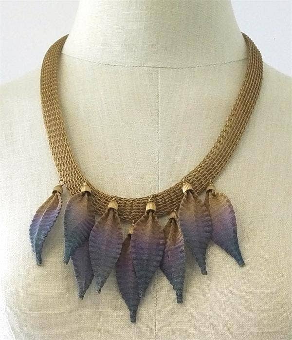 Sarah Cavender Metalworks – wholesale Bib necklace – 18" Plumage Feather Necklace on Viking Knit Band1
