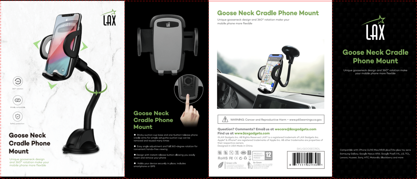 LAX Gadgets - Vente Support pour téléphone/tablette - Support de téléphone Goose Neck Cradle pour voiture, emballage de vente au détail5