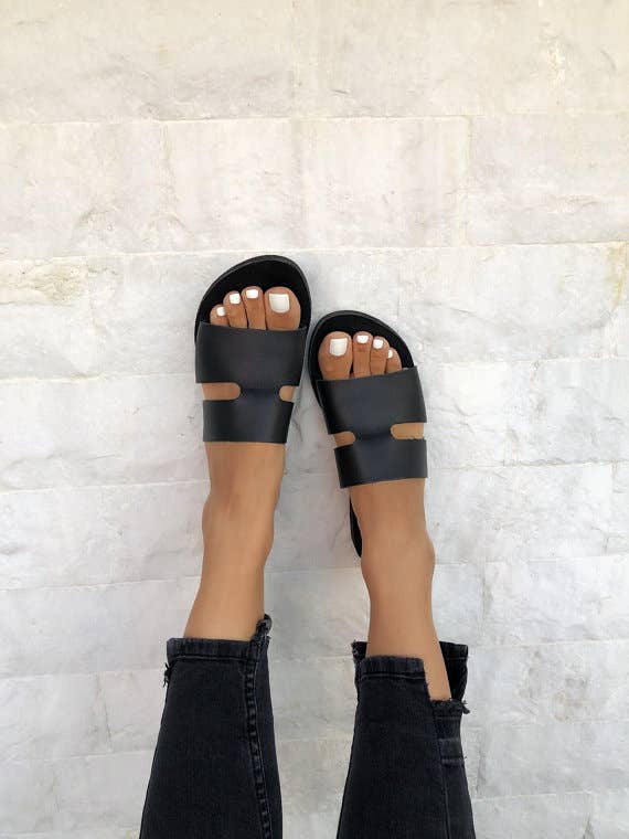Christina Christi - Wholesale Sandals - Women's - Black Leather Slides, Black Sandals, Women Sandals5