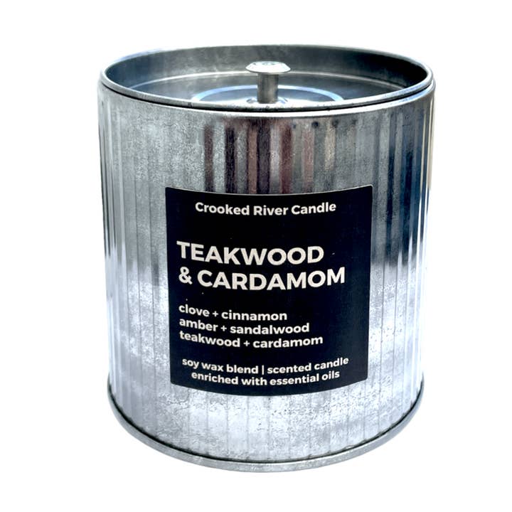 Crooked River Candle - Wholesale Jar/Filled Candle - Teakwood & Cardamom | Rustic Tin Candle with Lid | Wood Wick