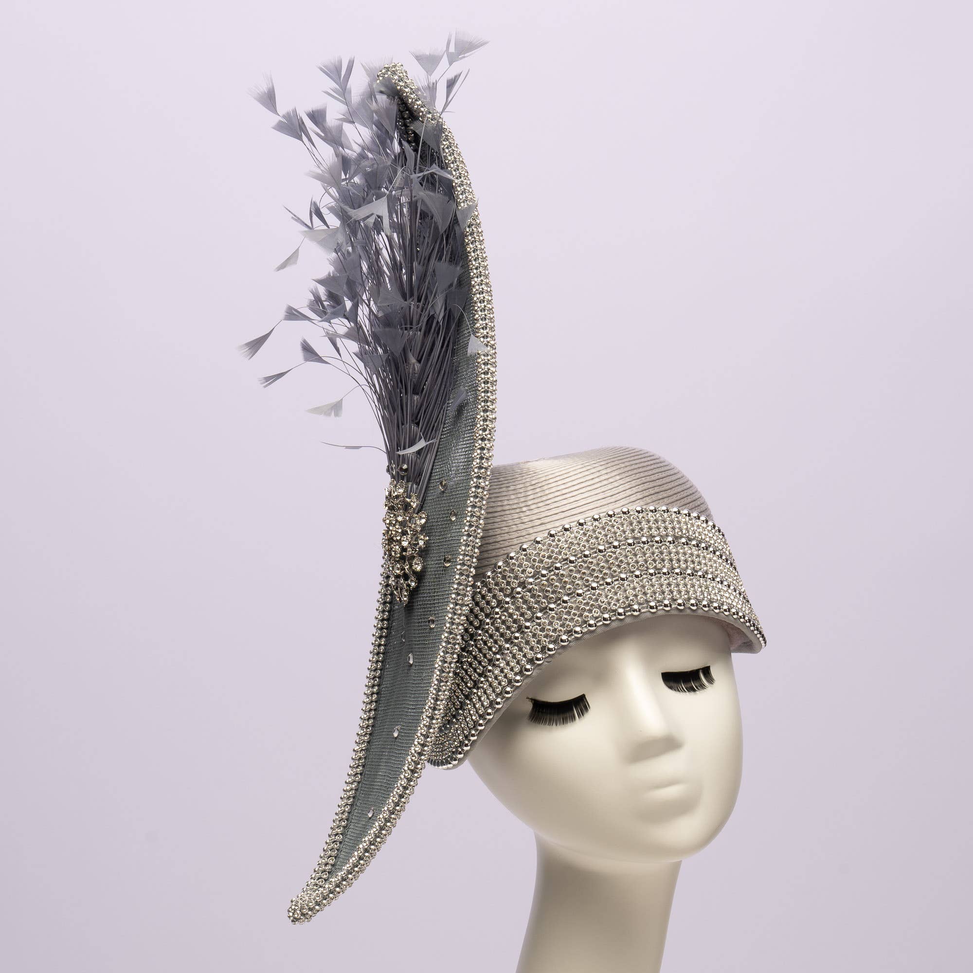 KaKyCo - Wholesale Fascinator Hat - Women's - Stone bending satin cloche with brooch and feather | AJ779Y24