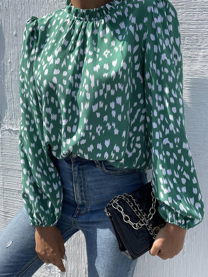 Animal Print Frill Detail High Neck Top In Green for wholesale by FS Collection (Germany)