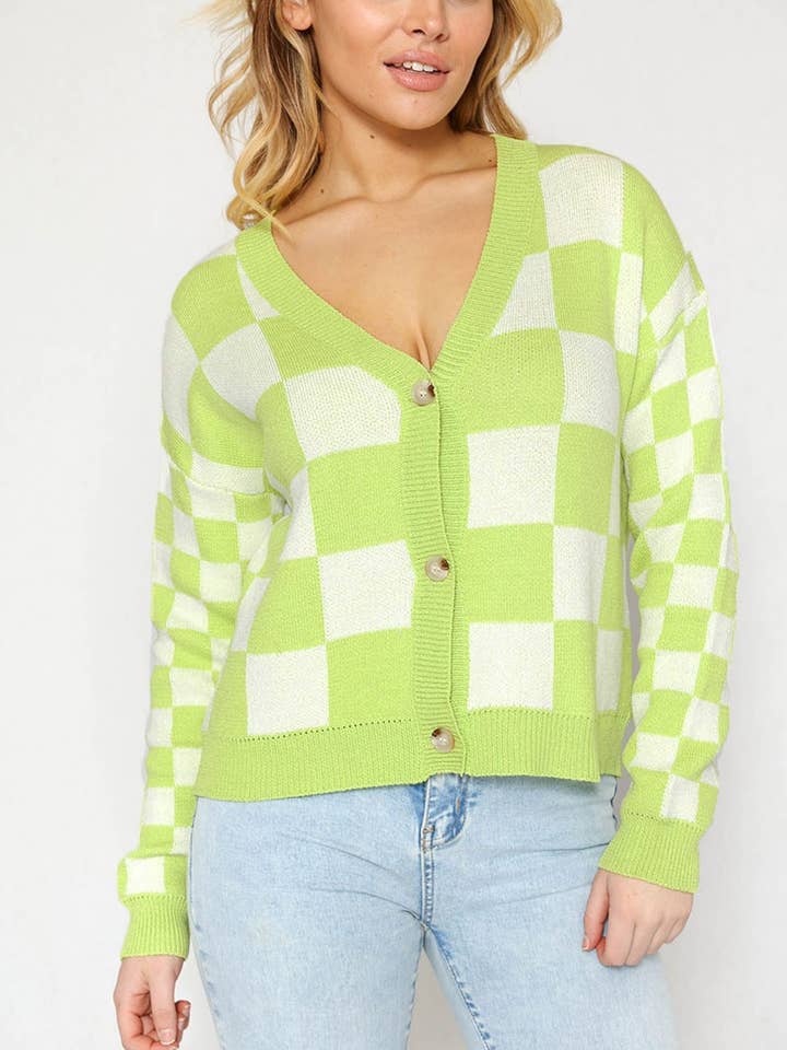 Checkered Cardigan - Multi Scan Checker Intarsia for wholesale by Miss Sparkling