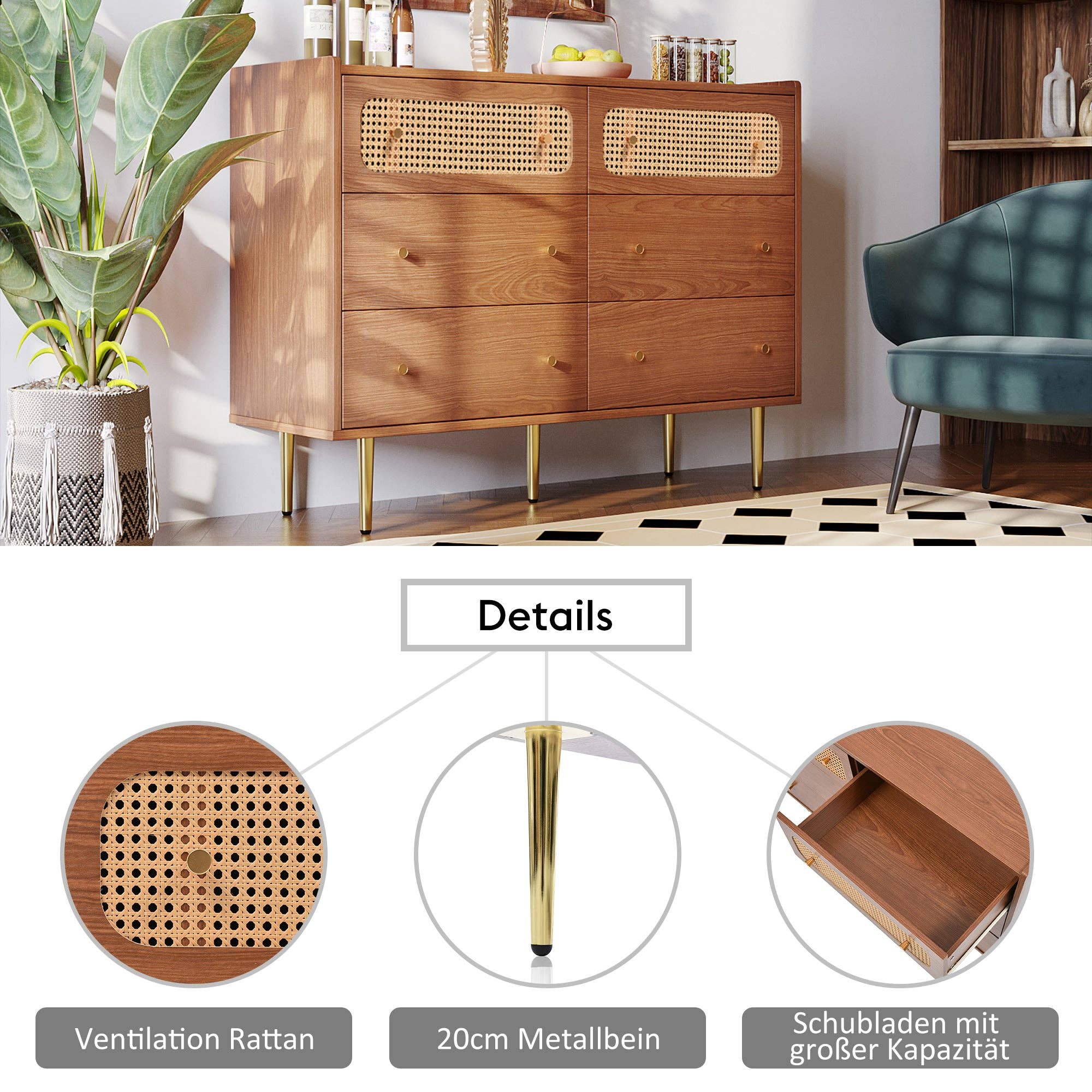 Urban Meuble - Wholesale Cabinet - Vintage sideboard with 6 rattan drawers, golden handles and legs, 120*90*40cm DELMO3