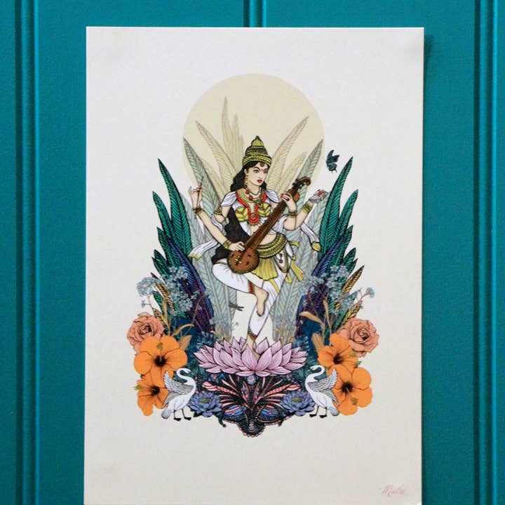 Saraswati Goddess Indian Art Puja A5 Postcard Alter Card for wholesale by Msdre