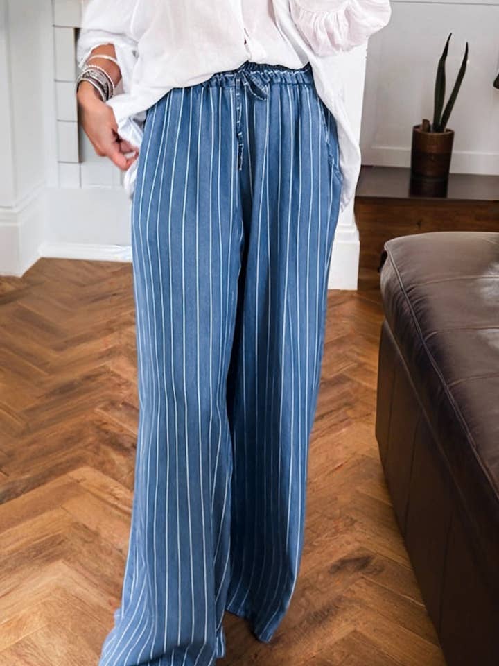 Stripe Chambray Tied Elastic Waist Trousers for wholesale by PRETTY BASH
