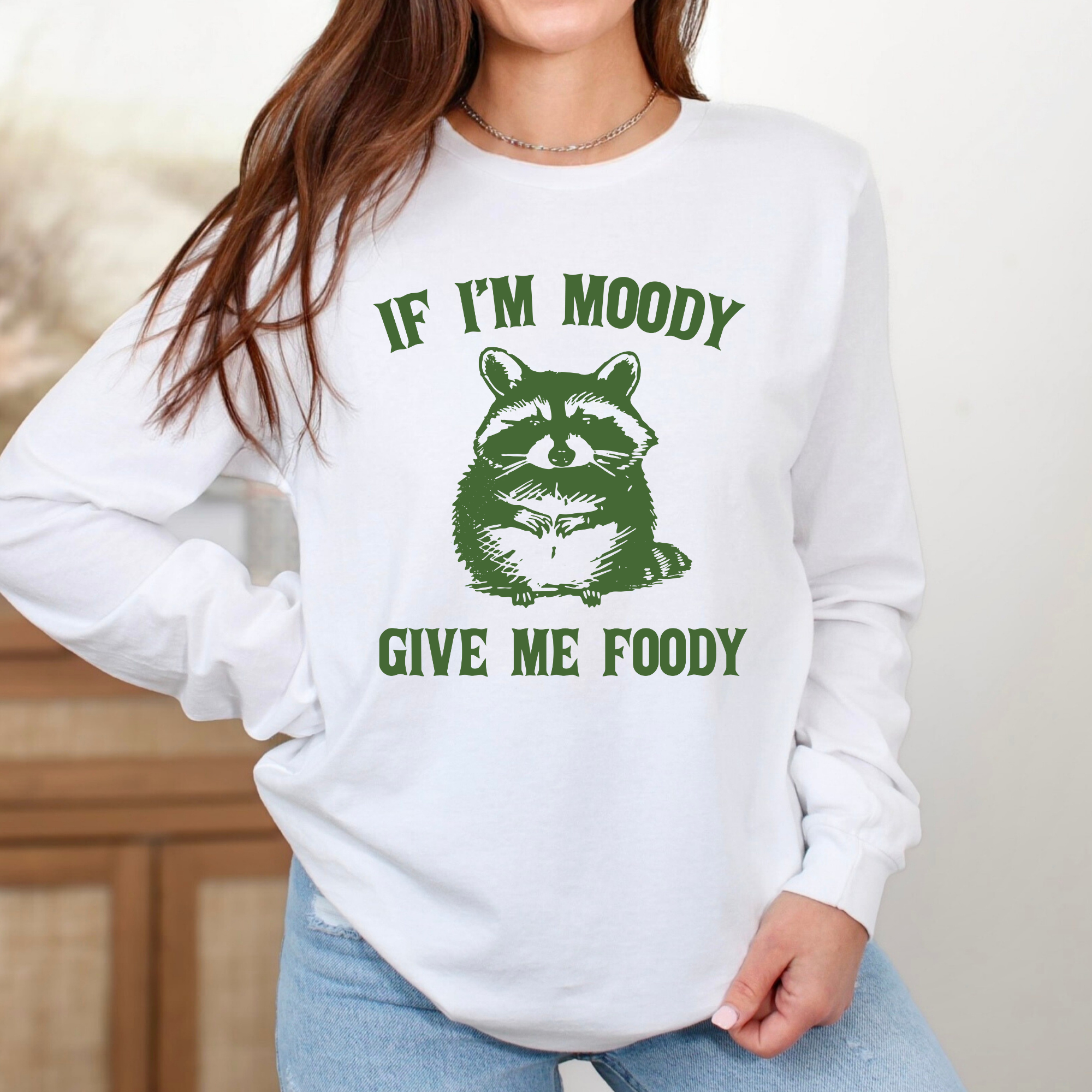 Eleven Fashion – wholesale Screen printed t-shirt – Women′s – If I'm Moody Give Me Foody Long Sleeve Shirt0