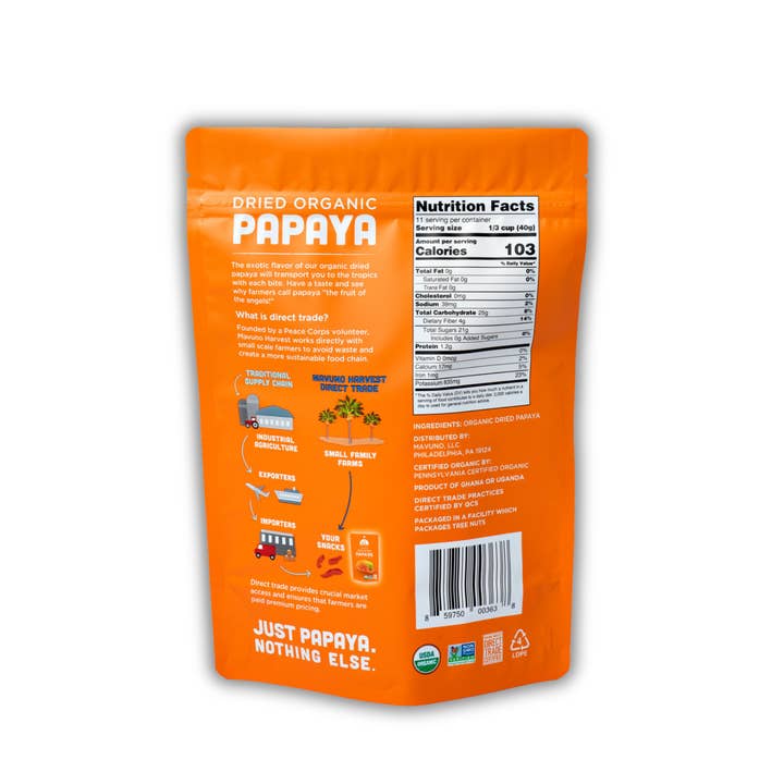 Mavuno Harvest Organics - Wholesale Dried/Dehydrated Fruit - Organic Dried Papaya, 6-pack case