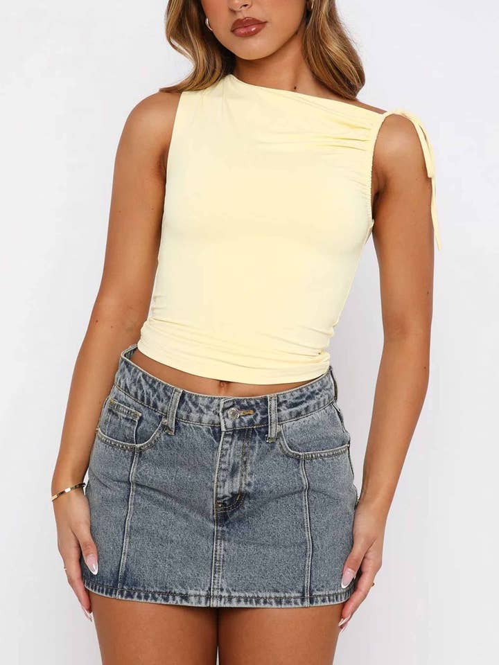 Wholesalesir - Wholesale Knit top – Women's - Slant Collar Drawstring Tied Short Top