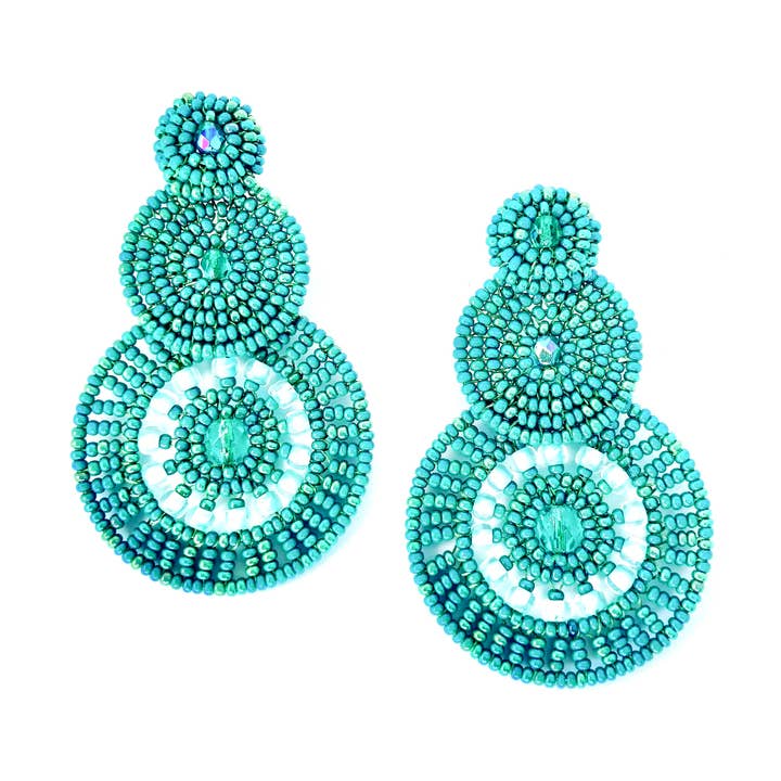Beaded 3 round drop post statement earring - Teal for wholesale by KVZ Designs