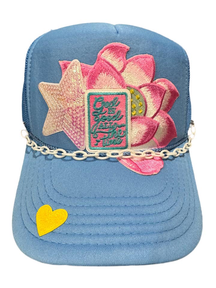God is Good All the Time Lotus Flower Trucker Hat for wholesale by Patchwrx Customs Hat Bar