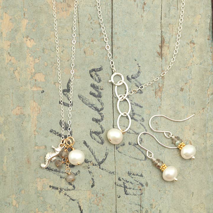 Midori Jewelry Hawaii - Vente Colliers à pendentif - labradorite eau douce perle d'hippocampe neckalce2