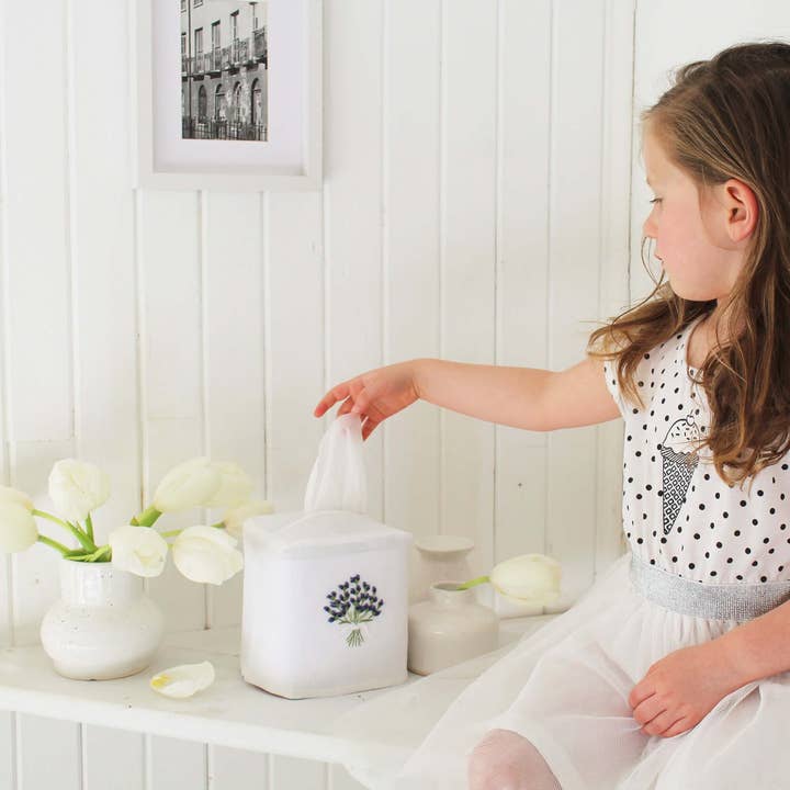 Hand Embroidered Linen Tissue Box Cover - Lavender White for wholesale by Gordonsbury