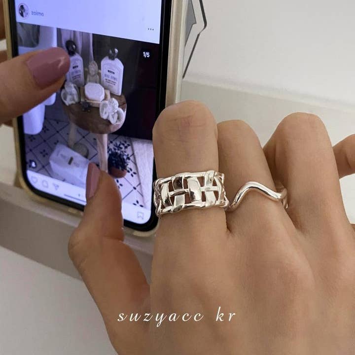 Gemscape UK – wholesale Band/Stackad Ring – Silver öppen pekfingerring bred ihålig flätad mode8