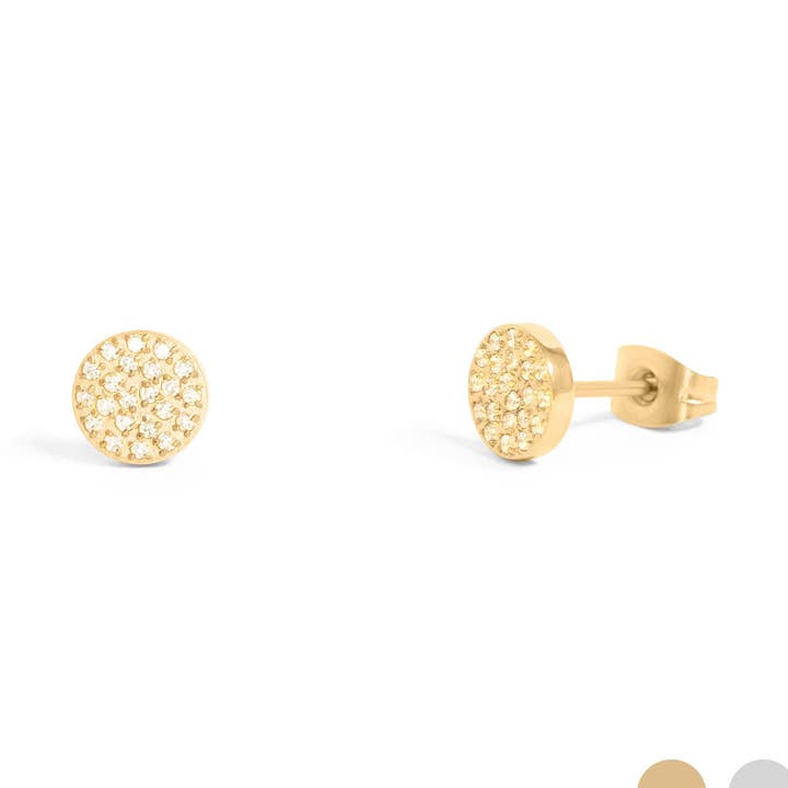 Orecchini a lobo rotondi in acciaio inossidabile con PVD in oro 18K e pietre pavé. per la vendita all'ingrosso da parte di WJW