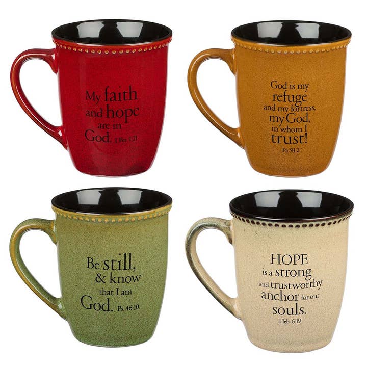 Christian Art Gifts - Wholesale Coffee Mug - Mug Set 4pc Faith, Trust, Hope, Be Still