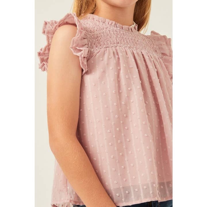 PINK Girls Ruffled Sleeve Smocked Swiss Dot Tank for wholesale on Faire