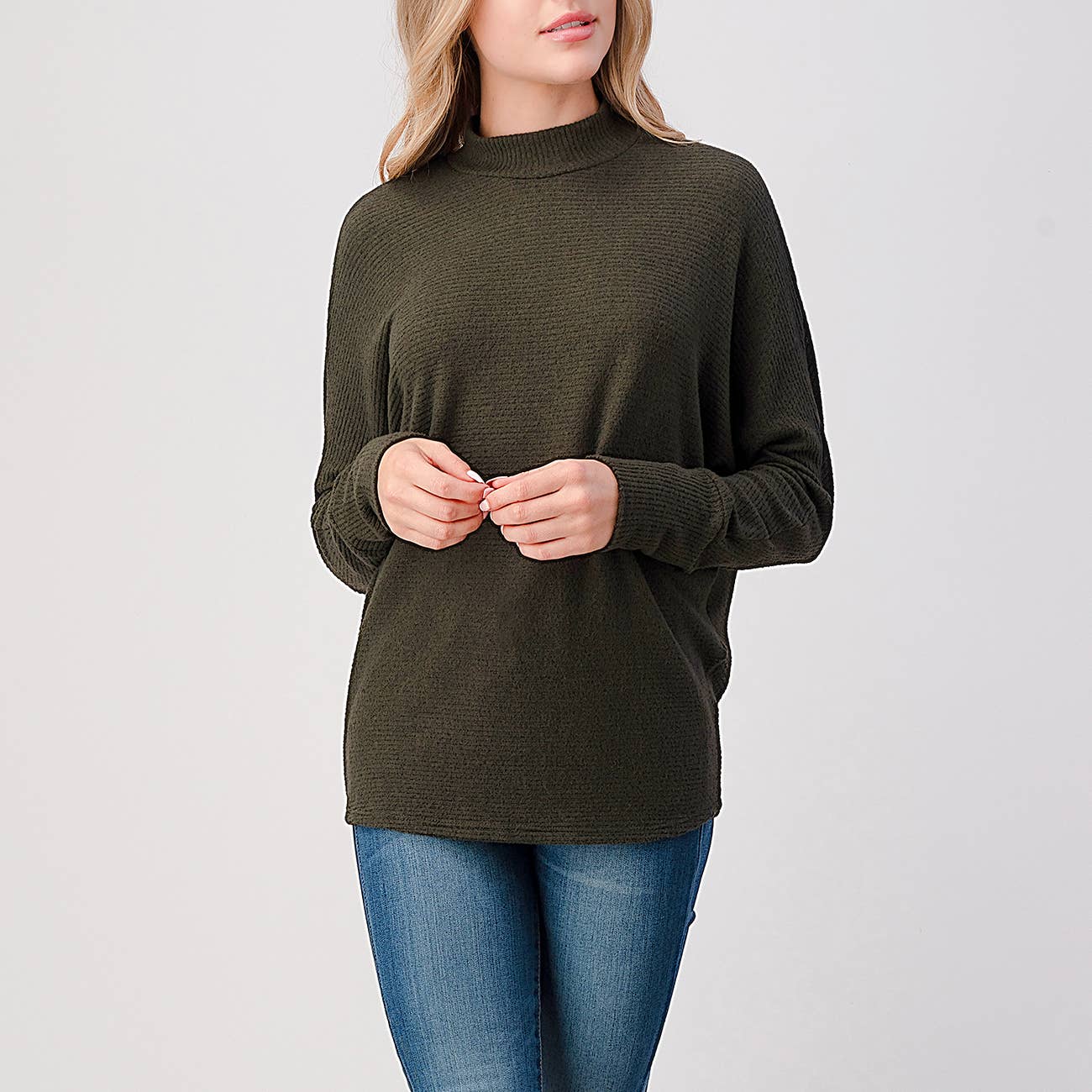 Heimious - Wholesale Knit Top - Women's - Mock Neck Long Dolman Sleeve Ribbed Knit Top, T26131