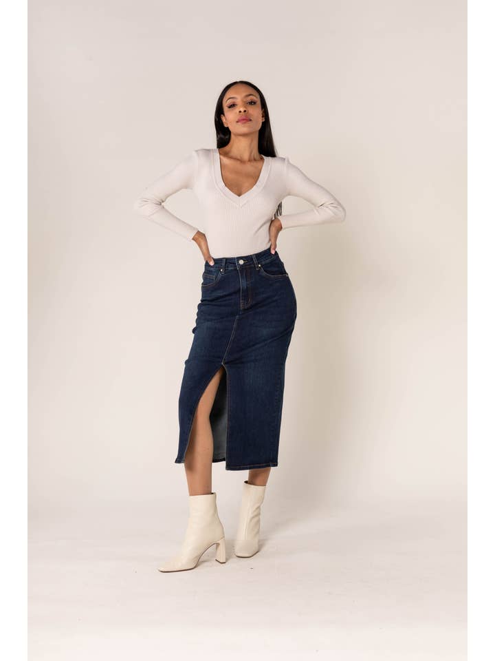 Nina Carter - Wholesale Skirt - Women's - Nina Carter denim jean long skirt with front split front P2157