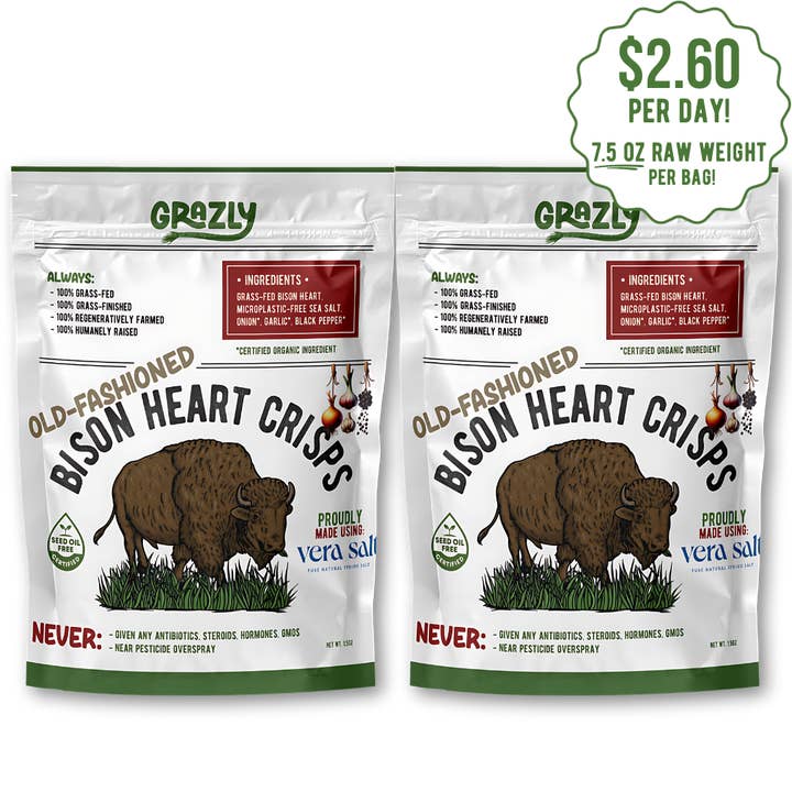 Grazly - Wholesale Dried/Dehydrated Vegetables - "Old Fashioned" Bison Heart Crisps - Organic Spices (25 Count)
