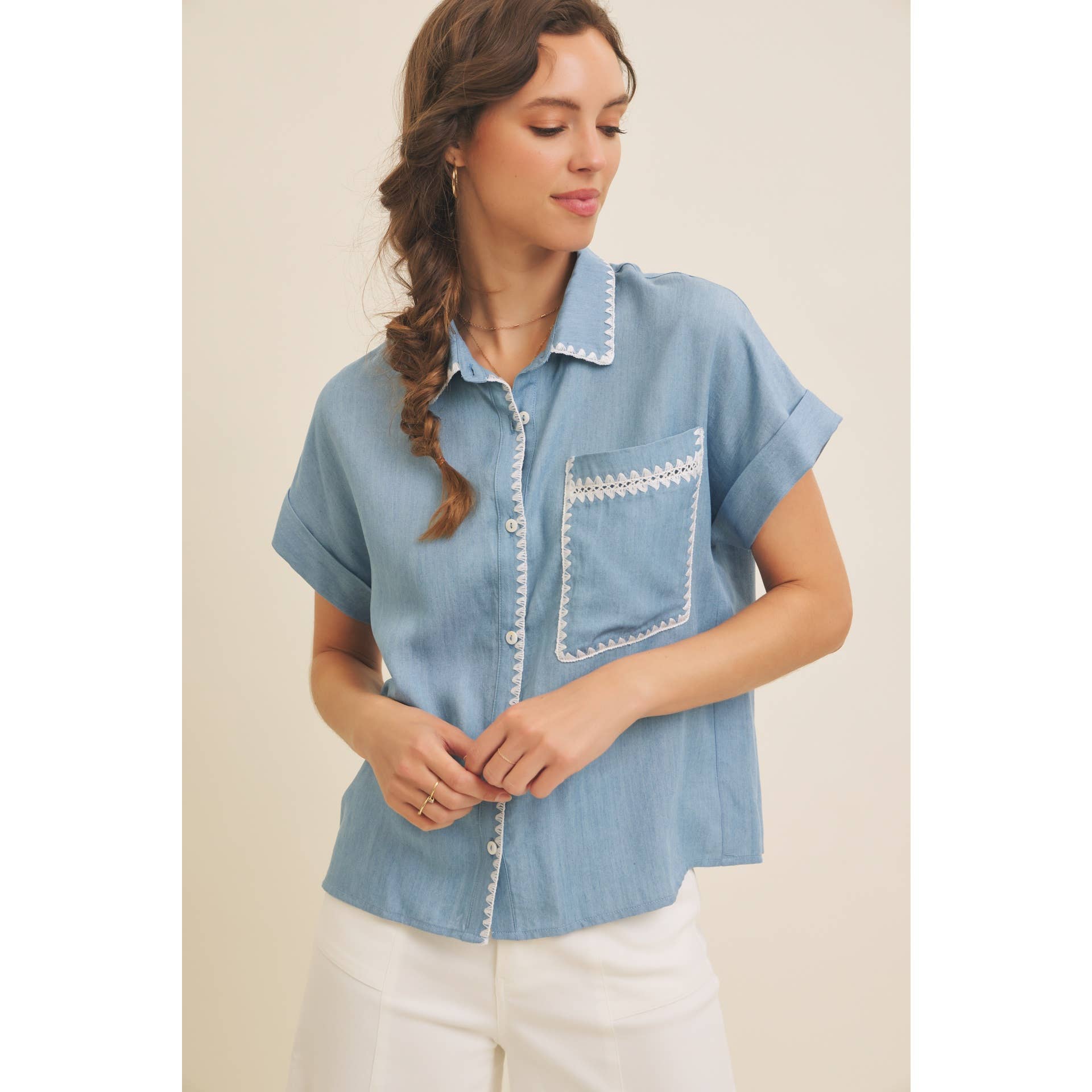 WASHED CHAMBRAY BUTTON-DOWN SHIRT WITH STITCHING for wholesale on Faire3