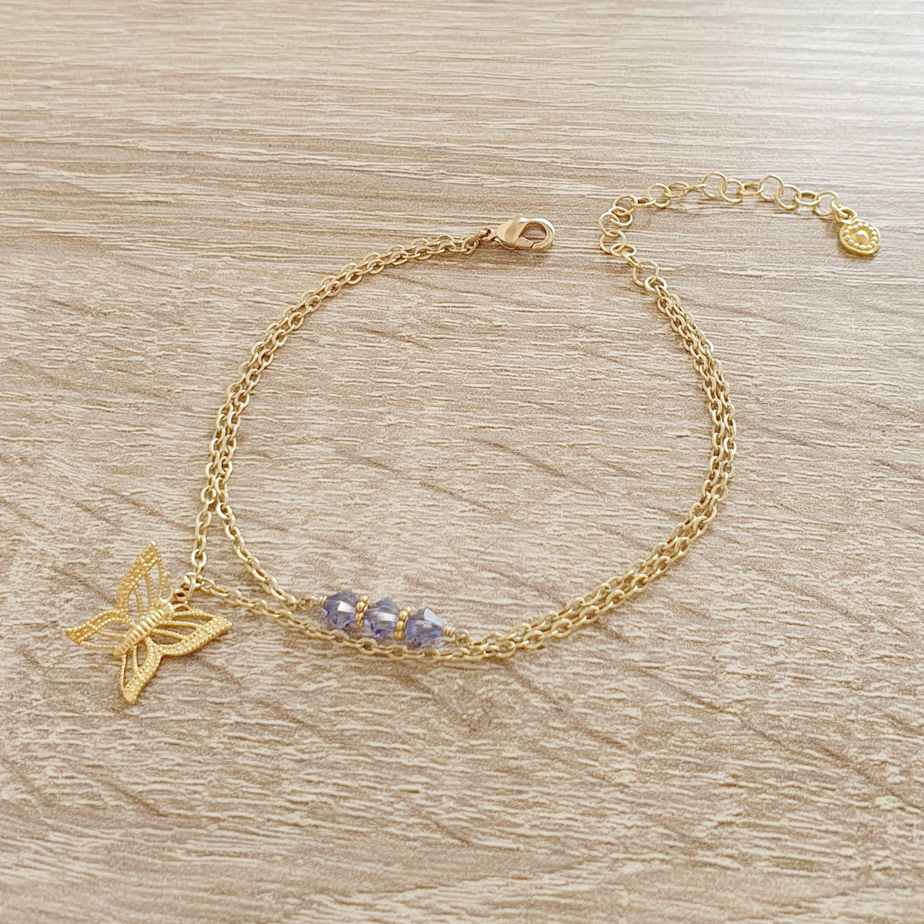 DIGE DESIGNS - Wholesale Charm/Dangle Bracelet - 18K gold plated butterfly and Tanzanite crystal necklace2