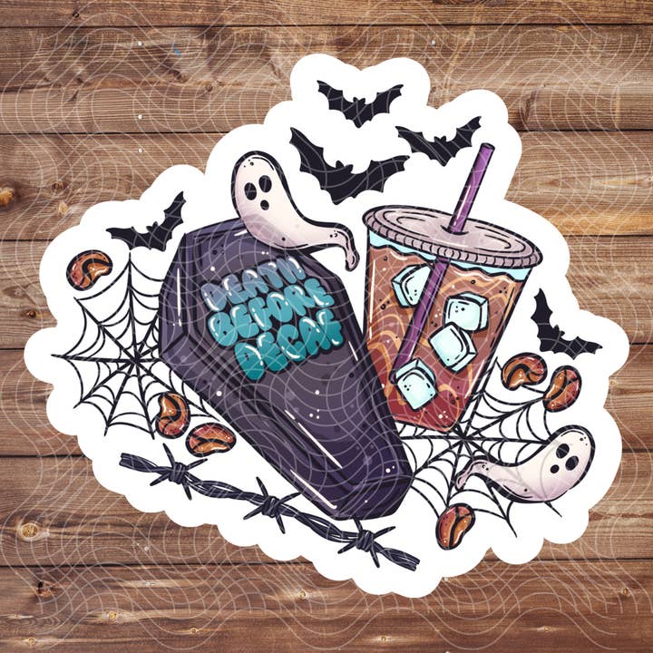 3" Death Before Decaf Iced Coffee Spooky Vinyl Sticker for wholesale by The Geek Boutique