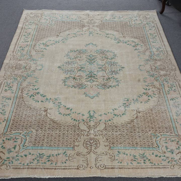 Vintage Beige & Green Rug, Handmade Patchwork 6.2x9.4 Ft for wholesale by Vintage Rugs Loom