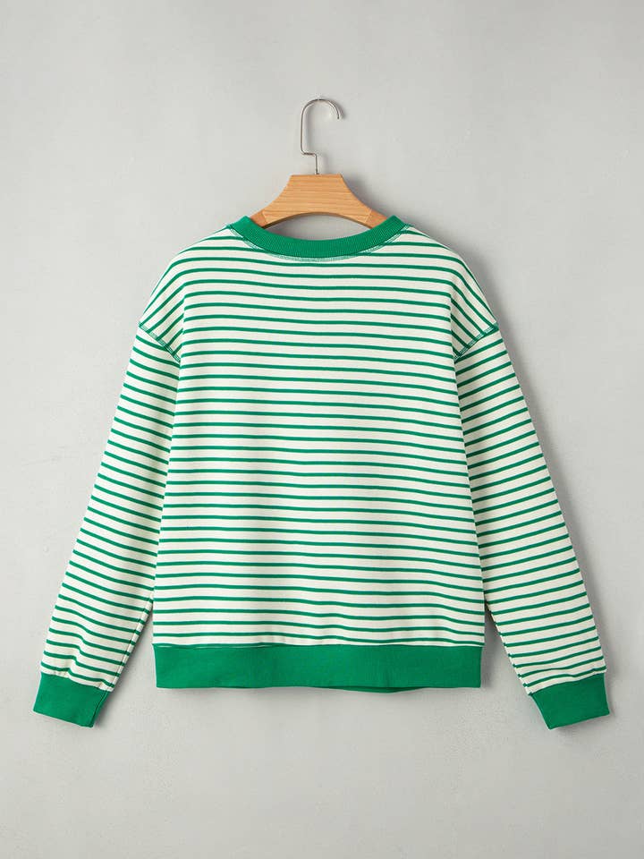 Bright Green Striped Exposed Seam Patchwork Loose Pullover Top for wholesale on Faire3
