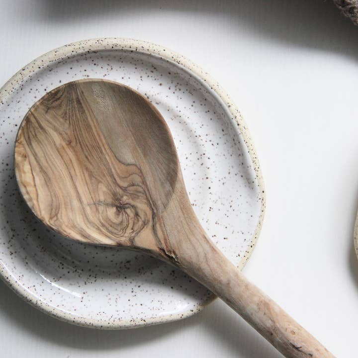Whimsy By Wyeth - Wholesale Spoon Rest - Handmade Exposed Clay Ceramic Spoon Rest - Speckled White