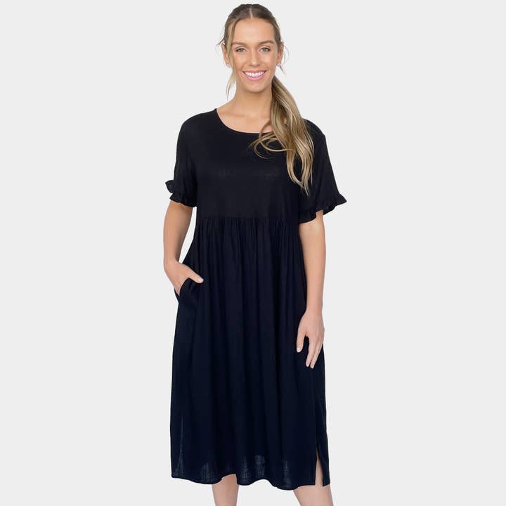 Kleid mit Rüschenärmeln und Knöpfen SCHWARZ für den Großhandel von Amyic